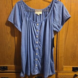 Debbie Morgan Women's Ciprus Blue Raglan Short Sleeve Pullover Top Size Large